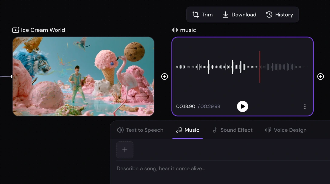 Der Zeemo-Canvas mit Voiceover-, Musik- und Sound-Effekt-Nodes, verdrahtet zu einem fertigen Spot