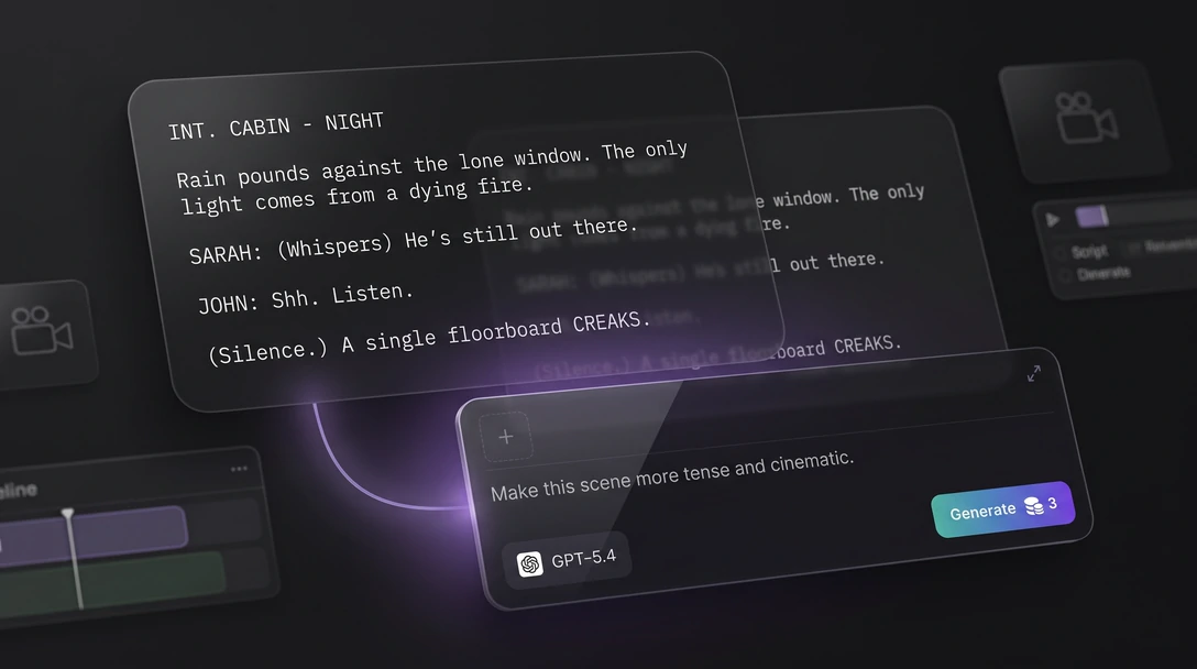 An AI assistant panel open on the Zeemo canvas next to a script text node for a film