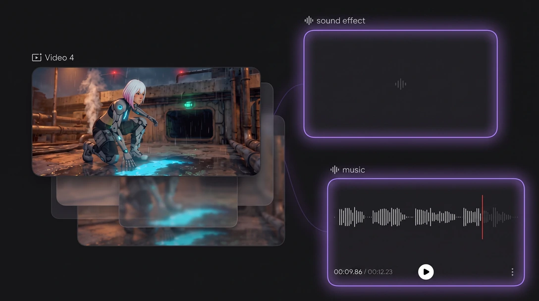 Music and sound effect nodes attached to a film scene on the Zeemo canvas