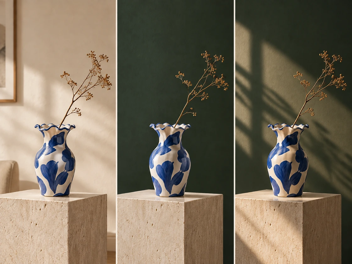 Sequential edits change the background, lighting and copy while preserving more of the original subject and composition