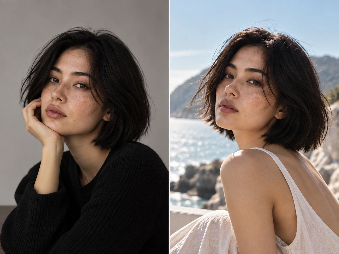 A reference portrait preserved across new settings, compositions and visual styles