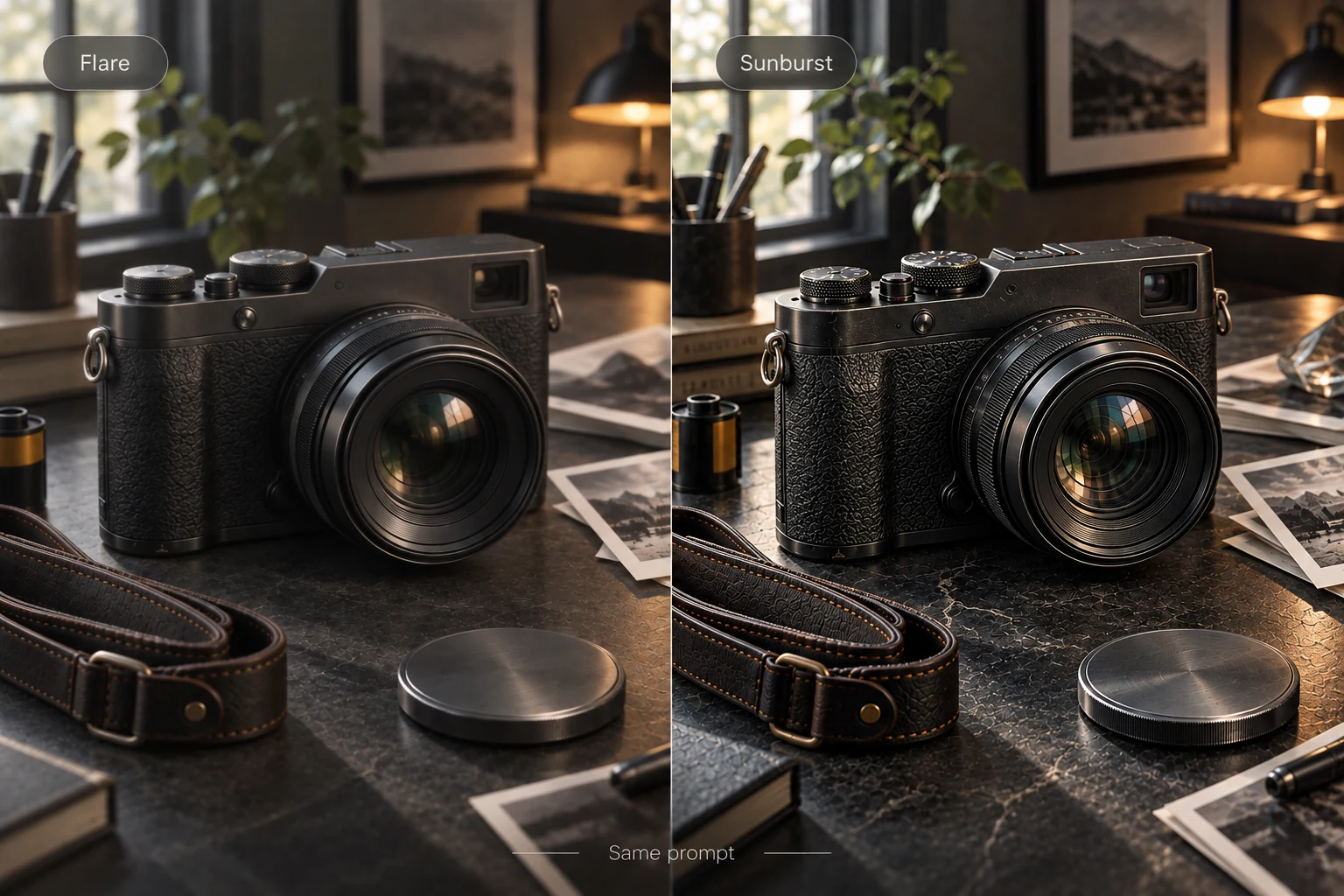 The same prompt rendered side by side on GPT Image 2.5 Flare and Sunburst
