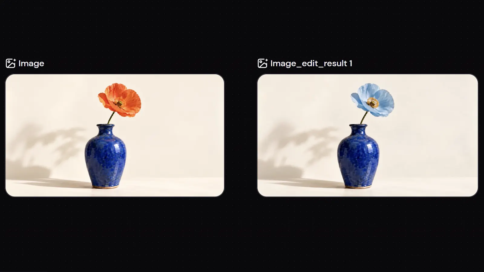 Canvas에 별도 결과로 표시된 주황색 원본 꽃과 파란색 편집 꽃