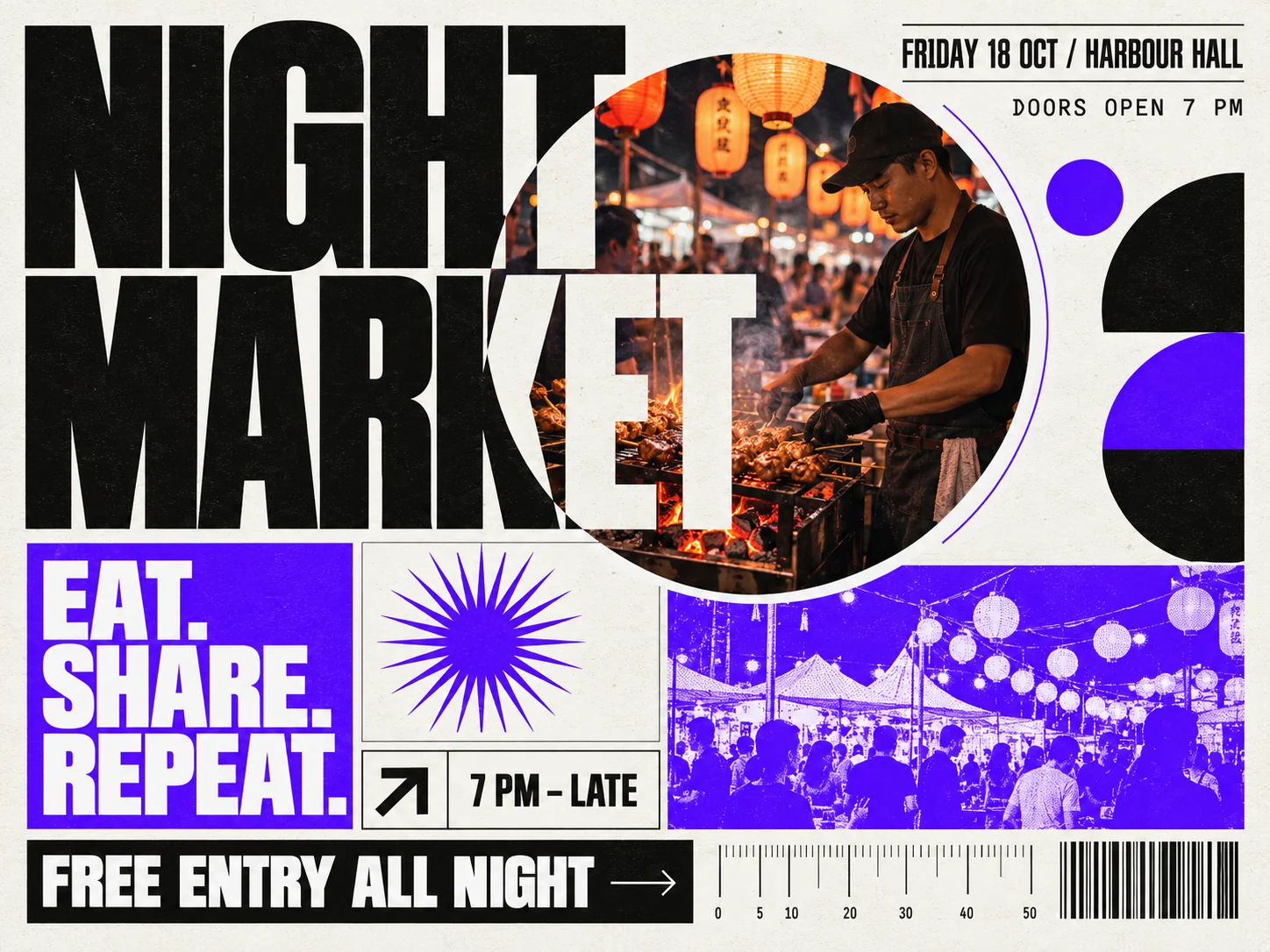 Late-night music event poster with bold typography and a singer