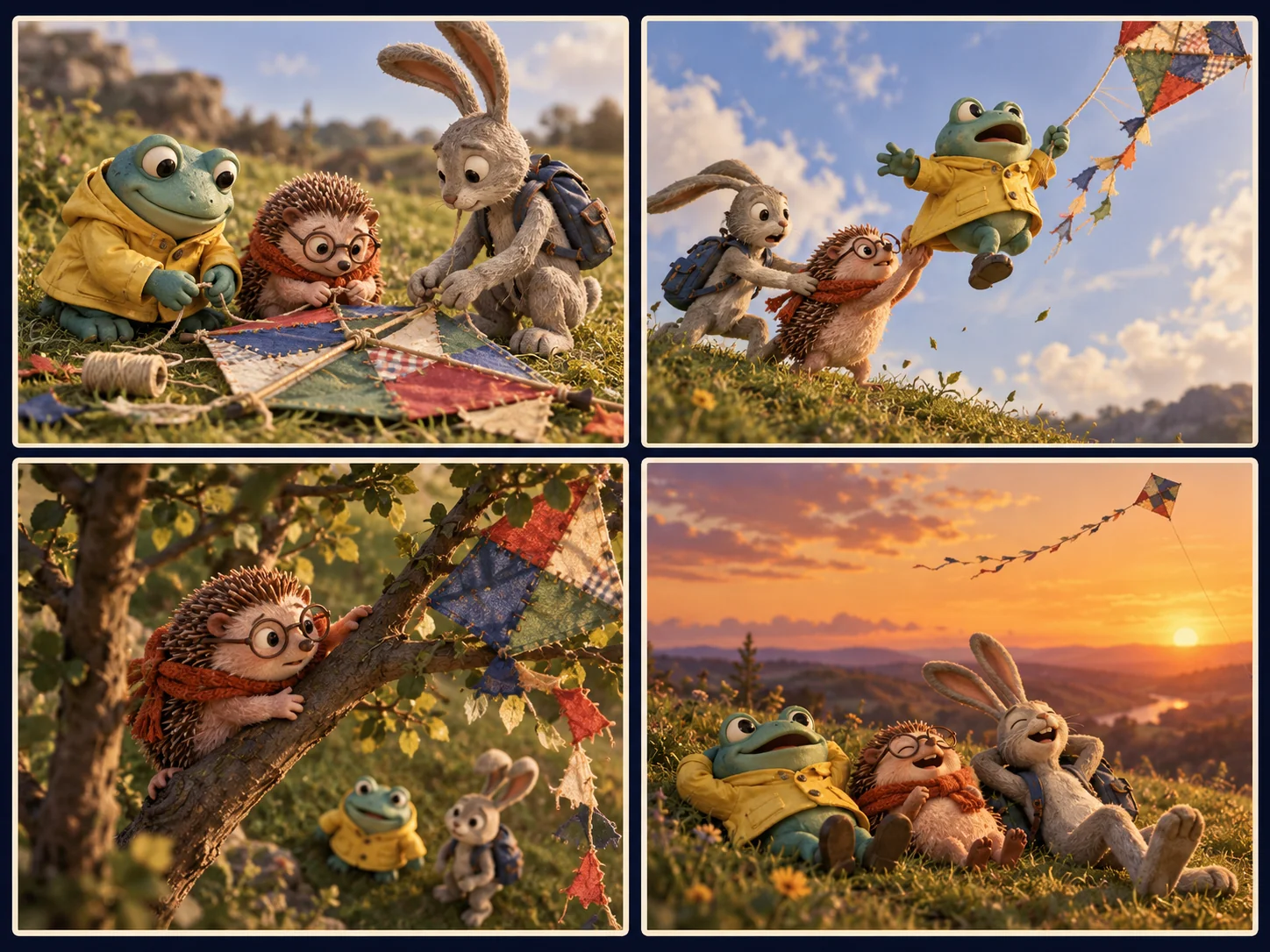Original character in three illustrated city scenes