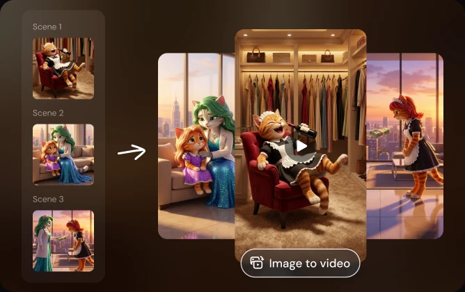 Storyboard scenes being animated into an AI video