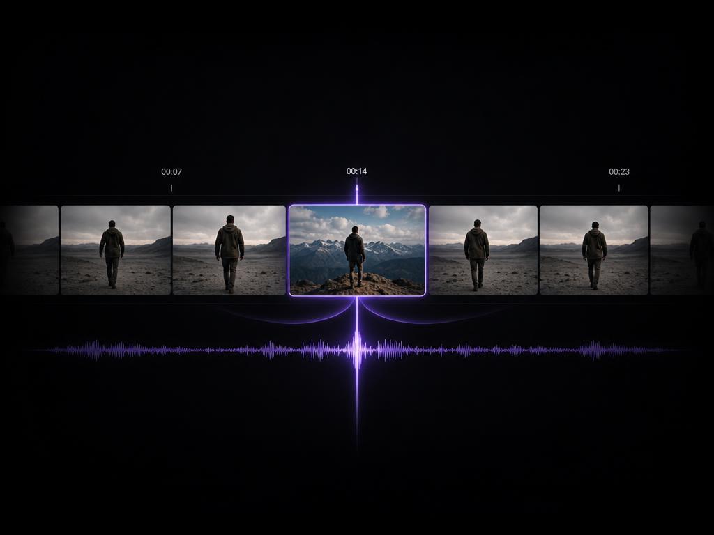 A 30-second timeline with edit points marked at exact timestamps on both the video and audio tracks