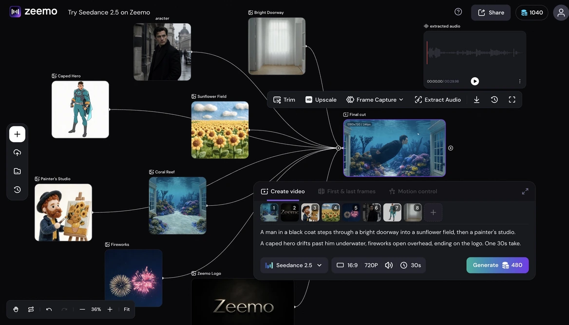Fifty reference files arranged on the Zeemo canvas around a single generated shot