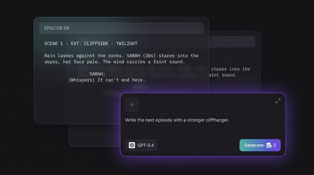 An AI assistant panel open on the Zeemo canvas next to a script text node for a short drama episode
