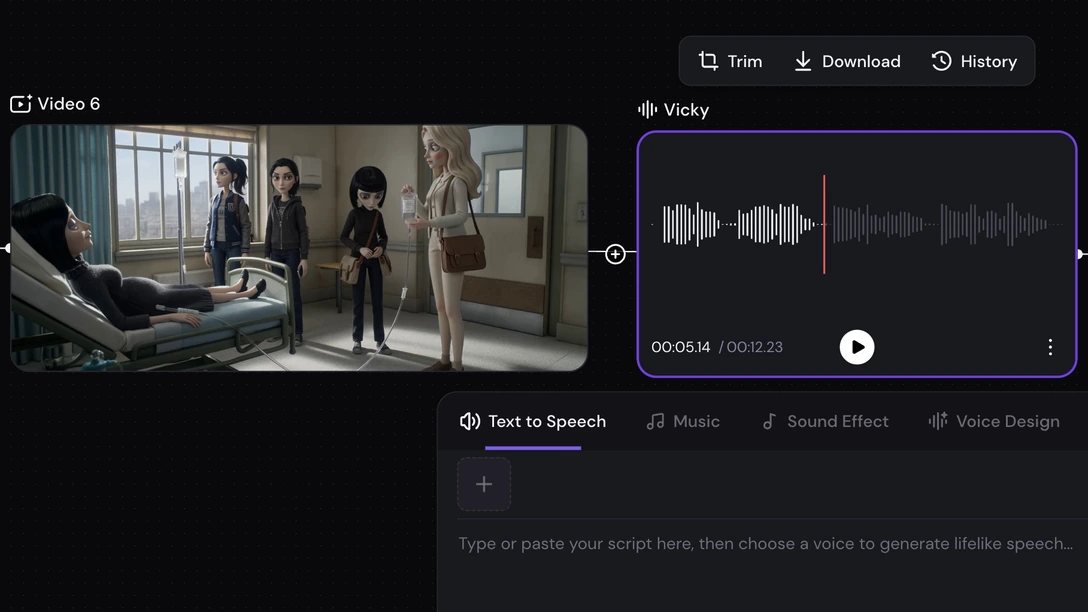 A short drama scene node on the Zeemo canvas with attached voice and sound effect tracks