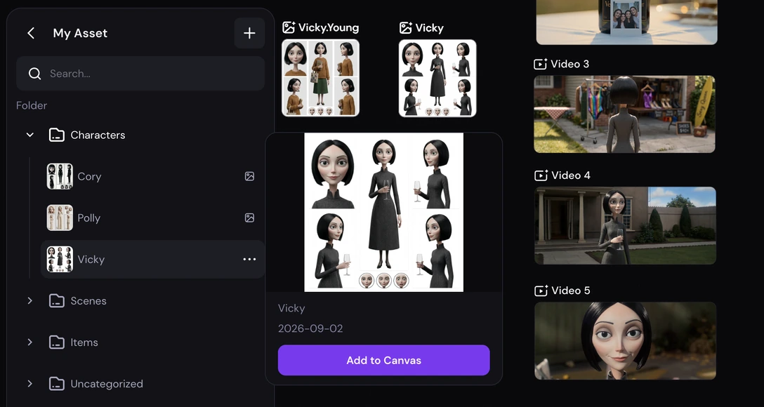 The same character appearing in three different scenes on the Zeemo canvas, generated from one character reference