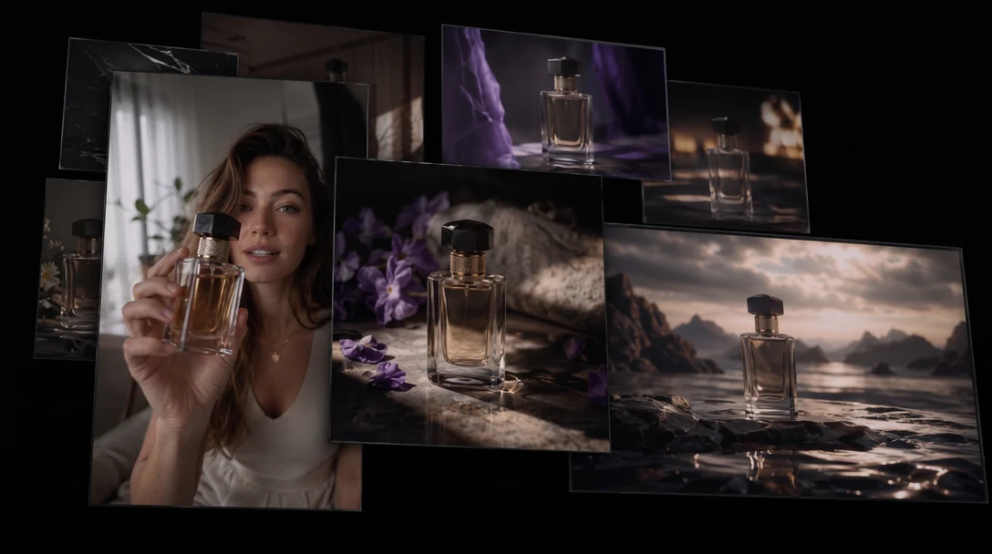 The same video ad exported at 9:16, 1:1, and 16:9 from a single generation