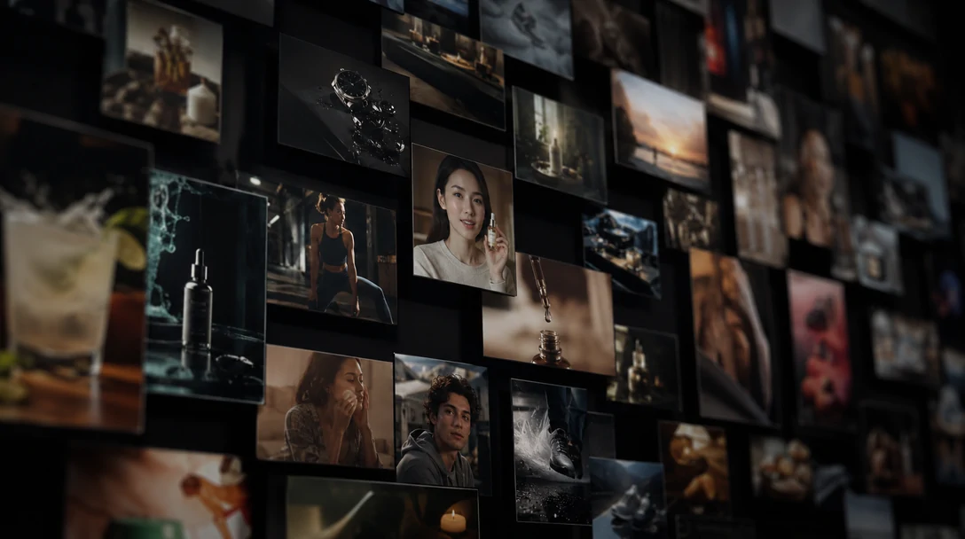 Four different video ad styles generated from the same product photo: creator-style, product-in-scene, comparison, and motion-led