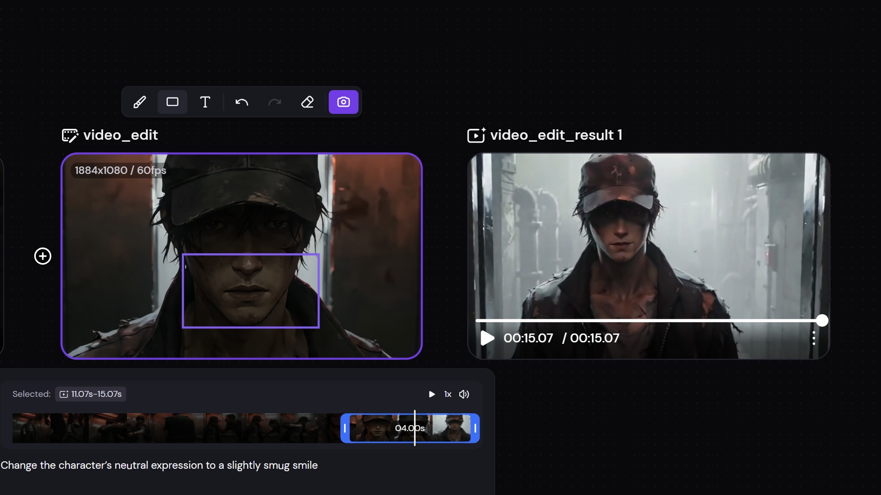 Selected video segment alongside the edited blue-jacket result